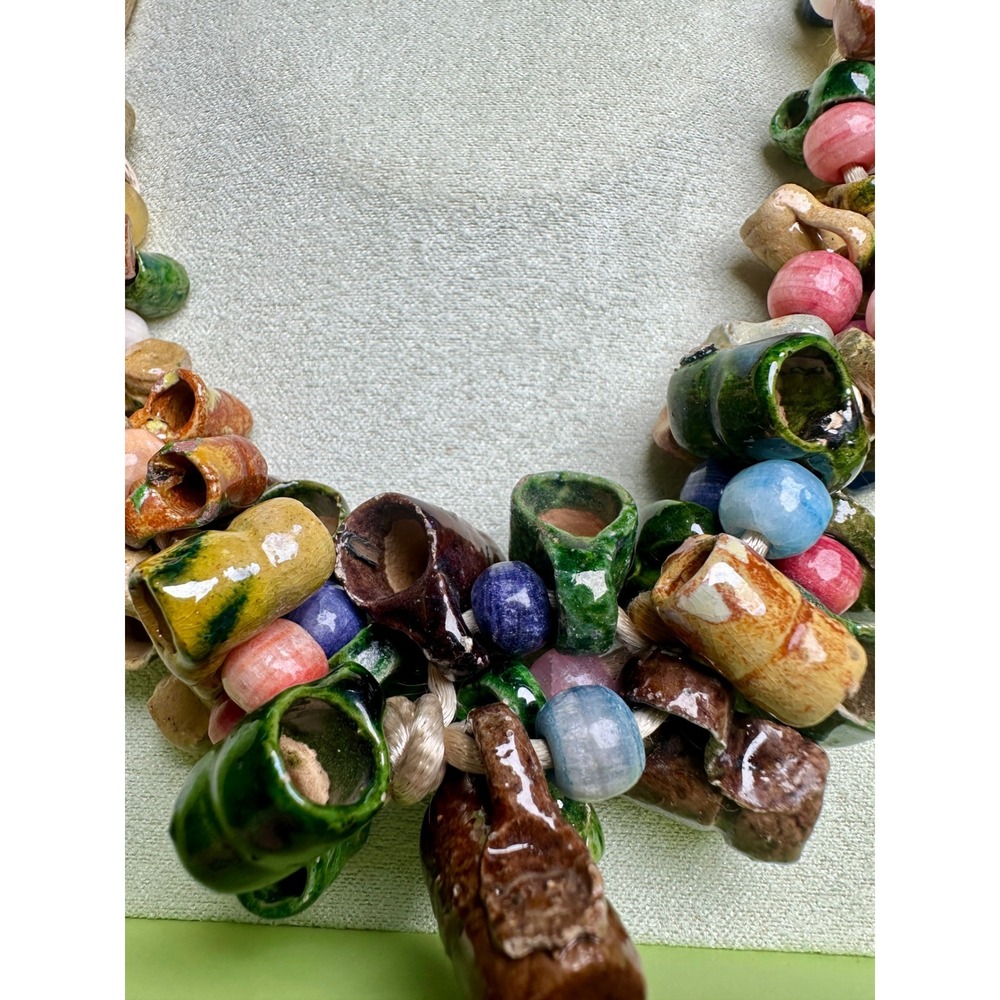 Vintage 1970s Mexican Folk Art Clay Pottery Mug Cup Tankard Necklace Handmade - Picture 7 of 11
